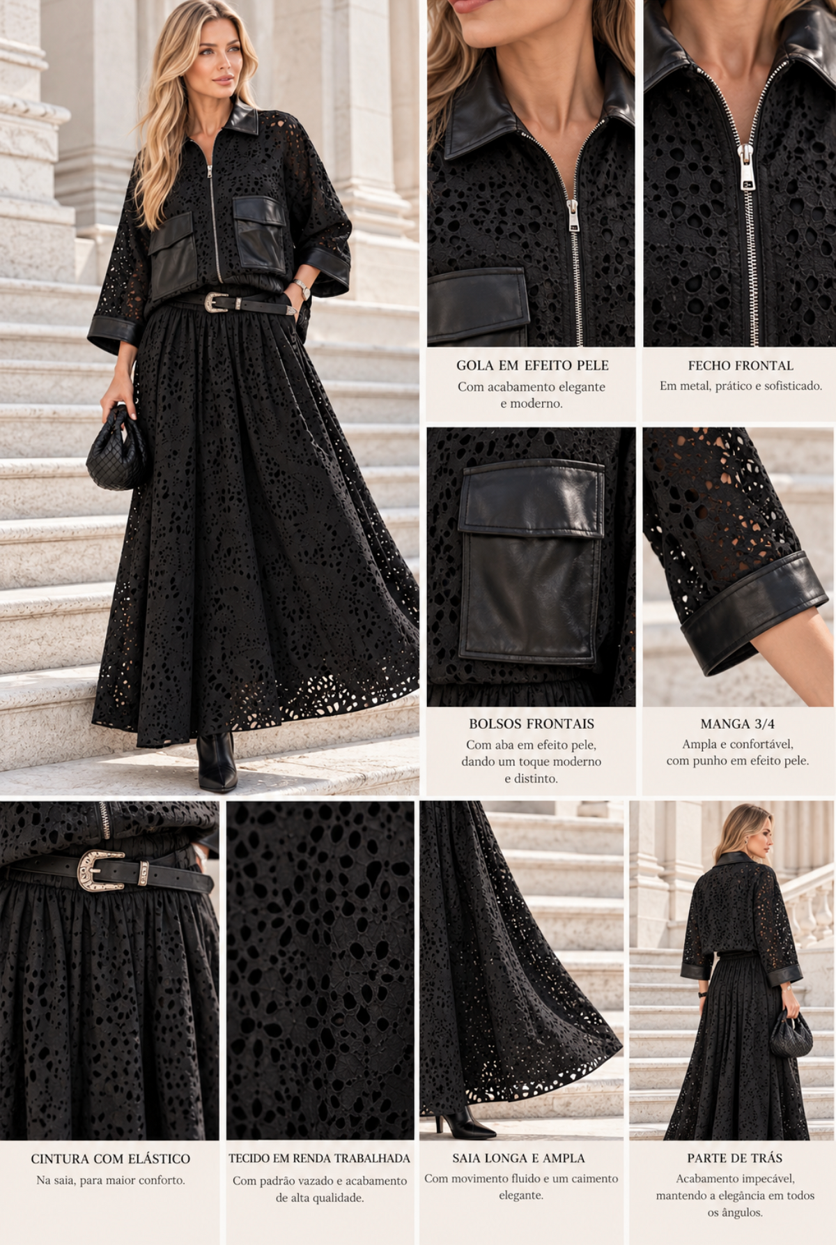 CONJUNTO RENDADO COM SAIA