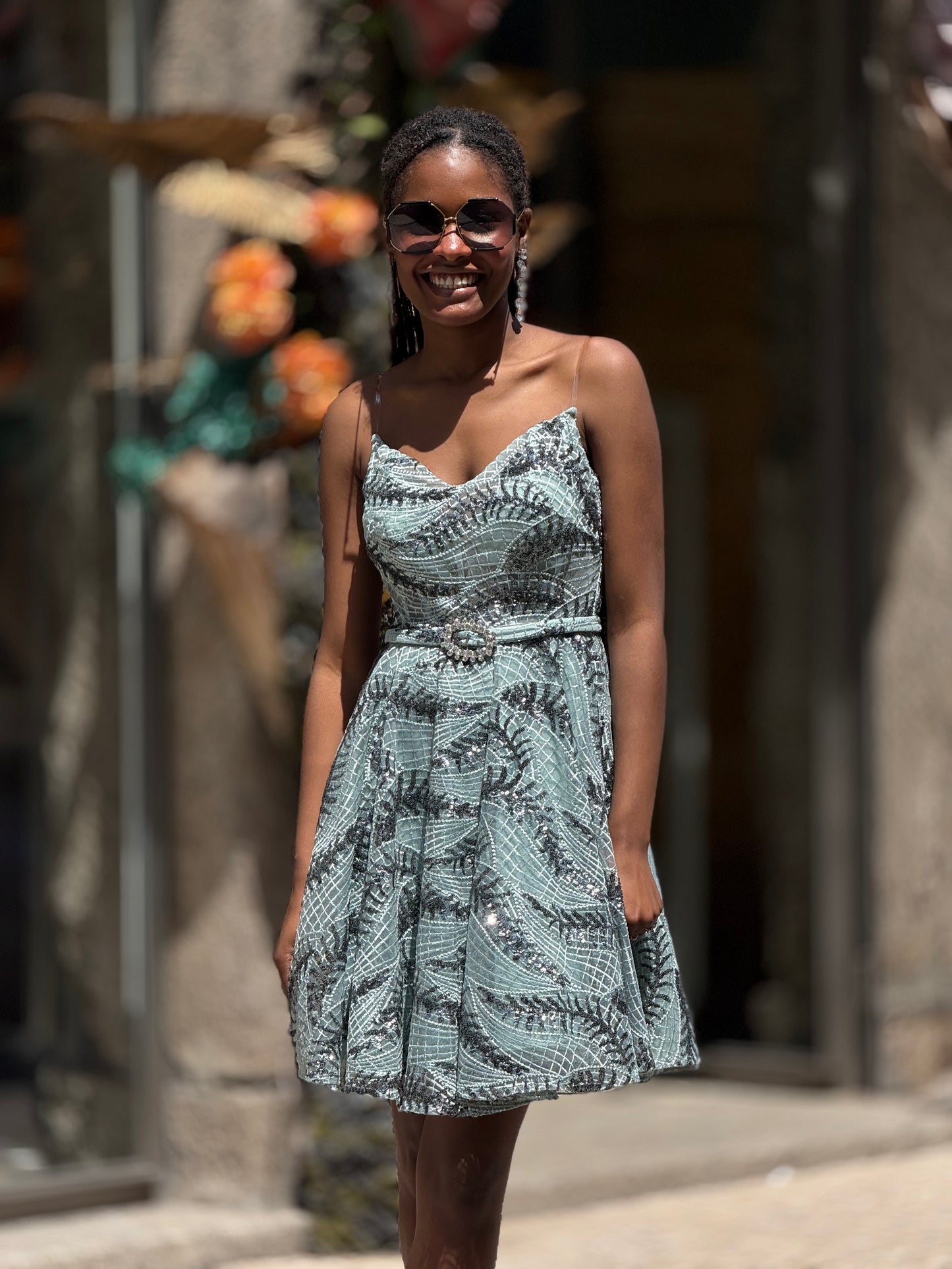 Vestido tecido texturado com cinto