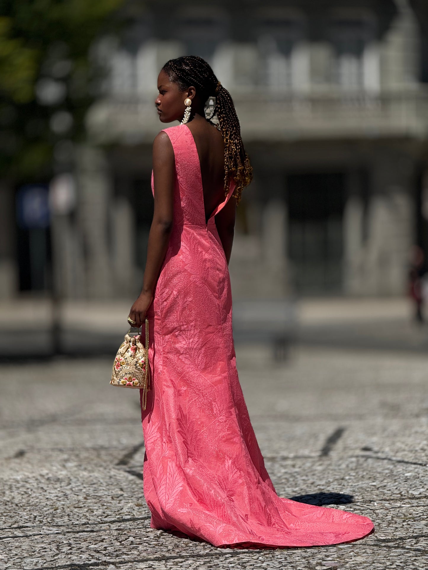 Vestido sereia tecido brocado