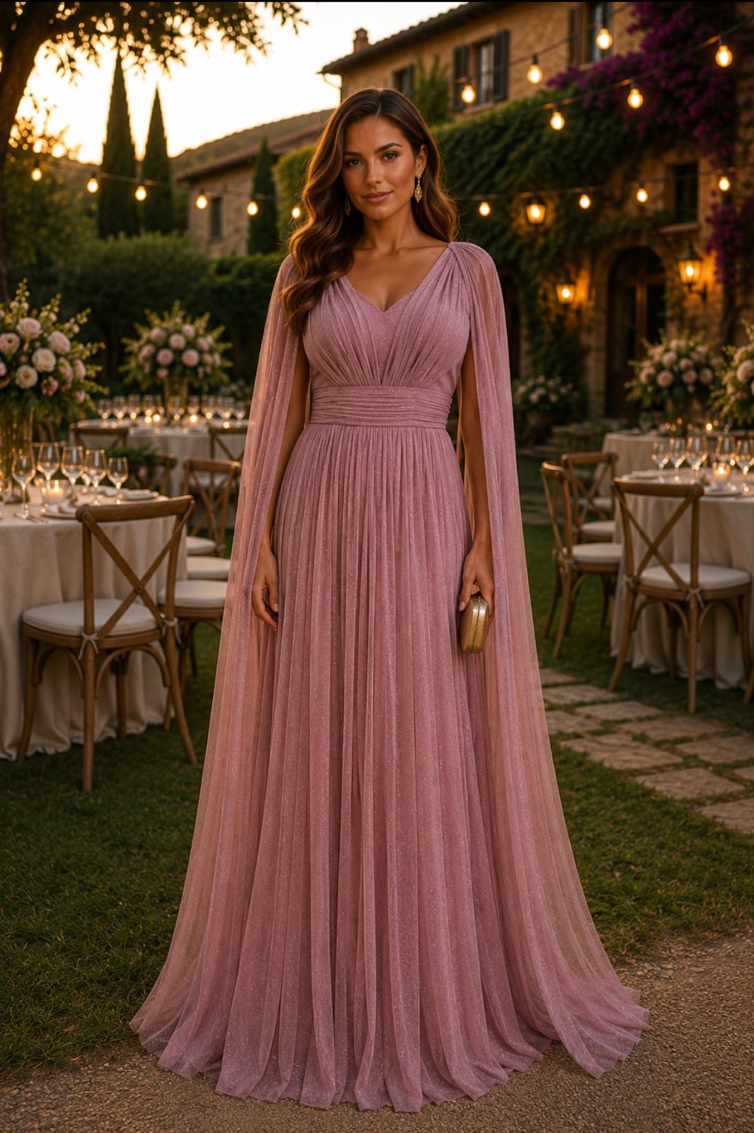 VESTIDO COMPRIDO COM MANGA CAPA