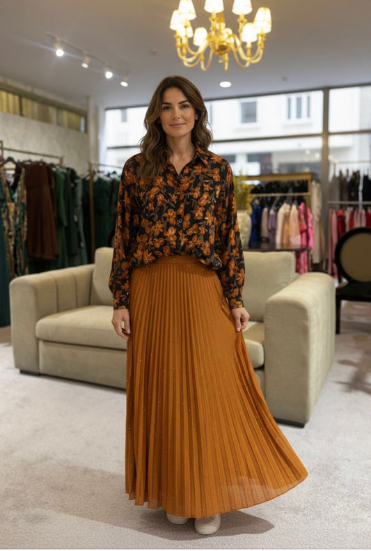 SAIA PLISSADA LARANJA COM BRILHO