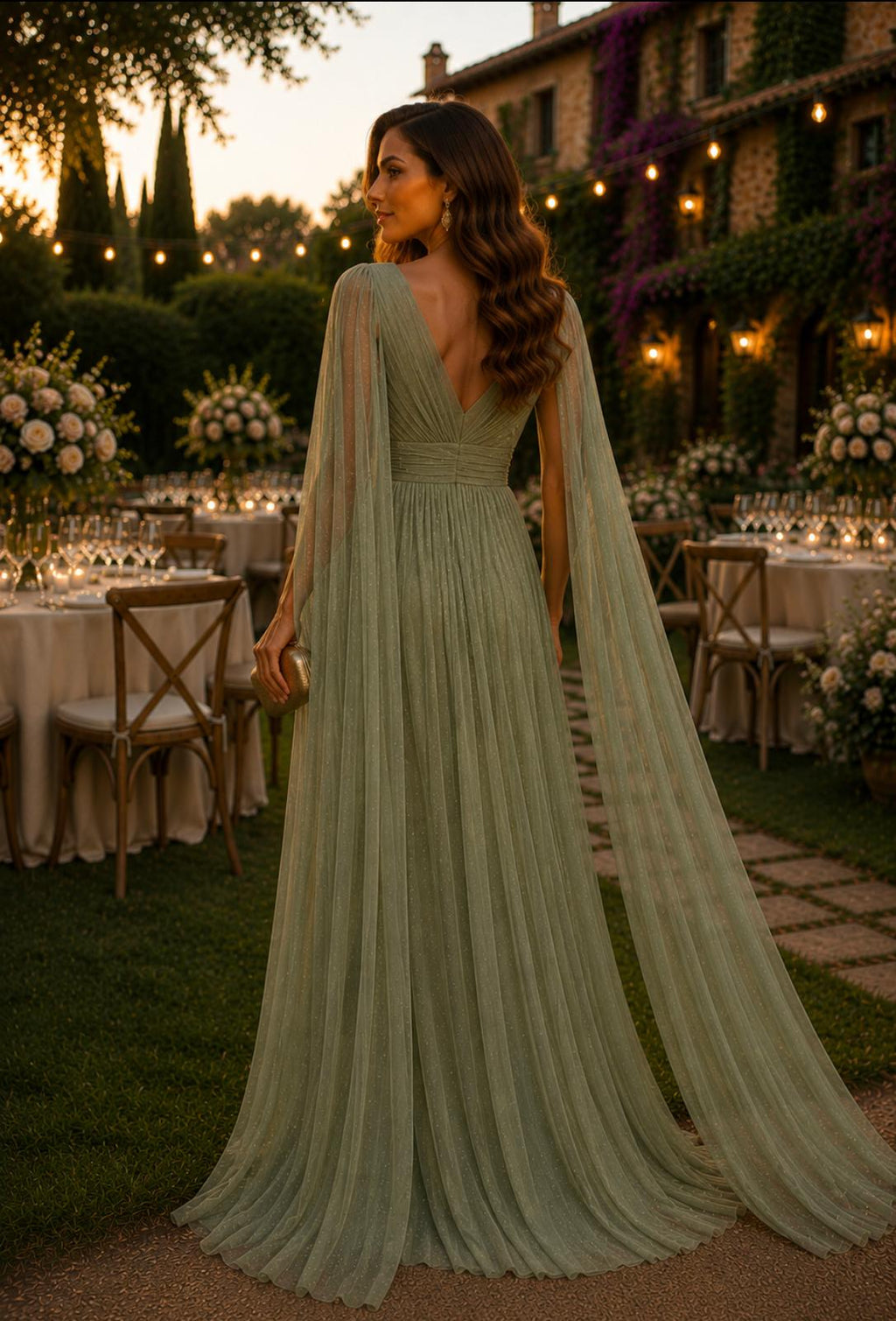 VESTIDO COMPRIDO COM MANGA CAPA