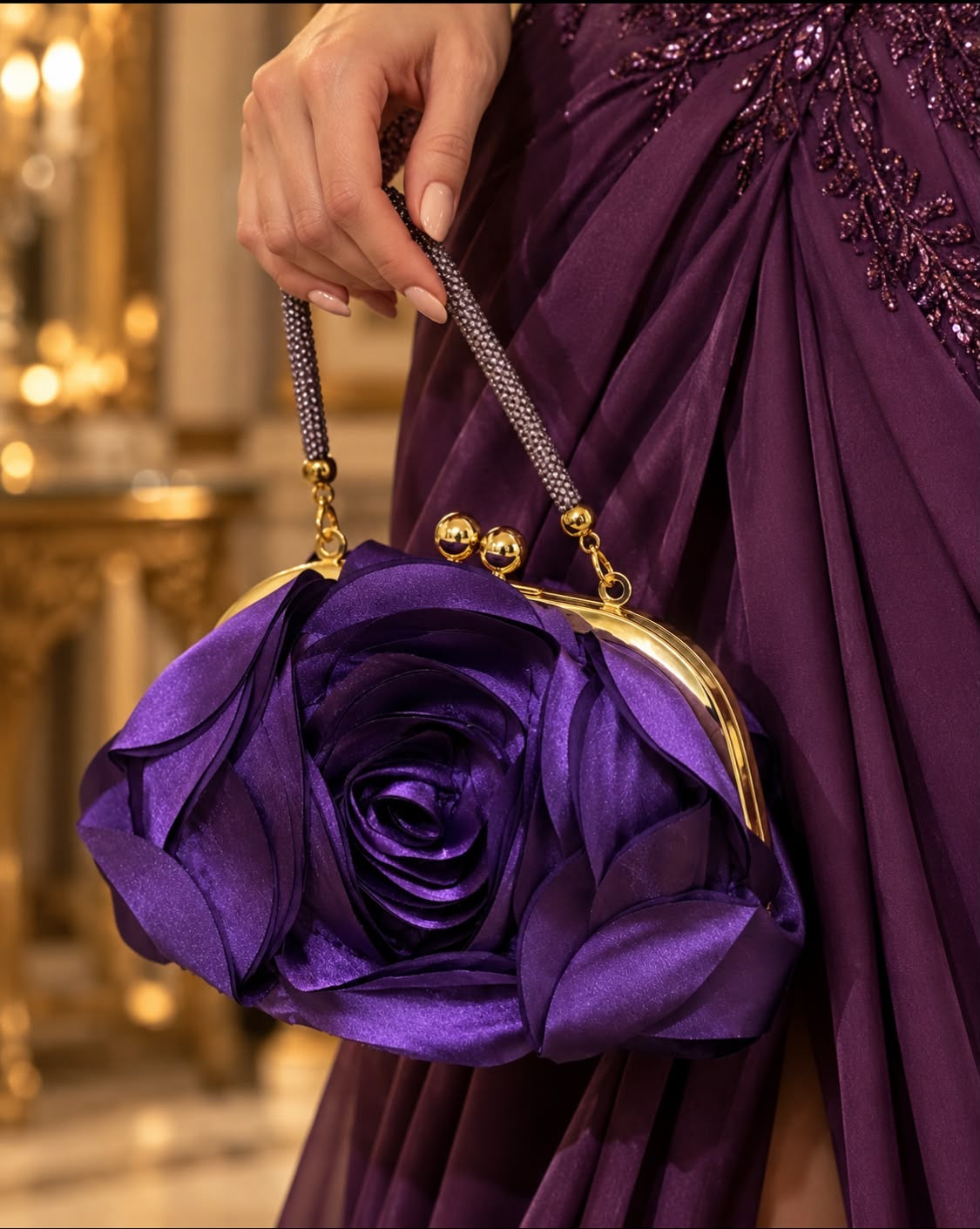 POCHETE BERINGELA ACETINADA COM FLOR