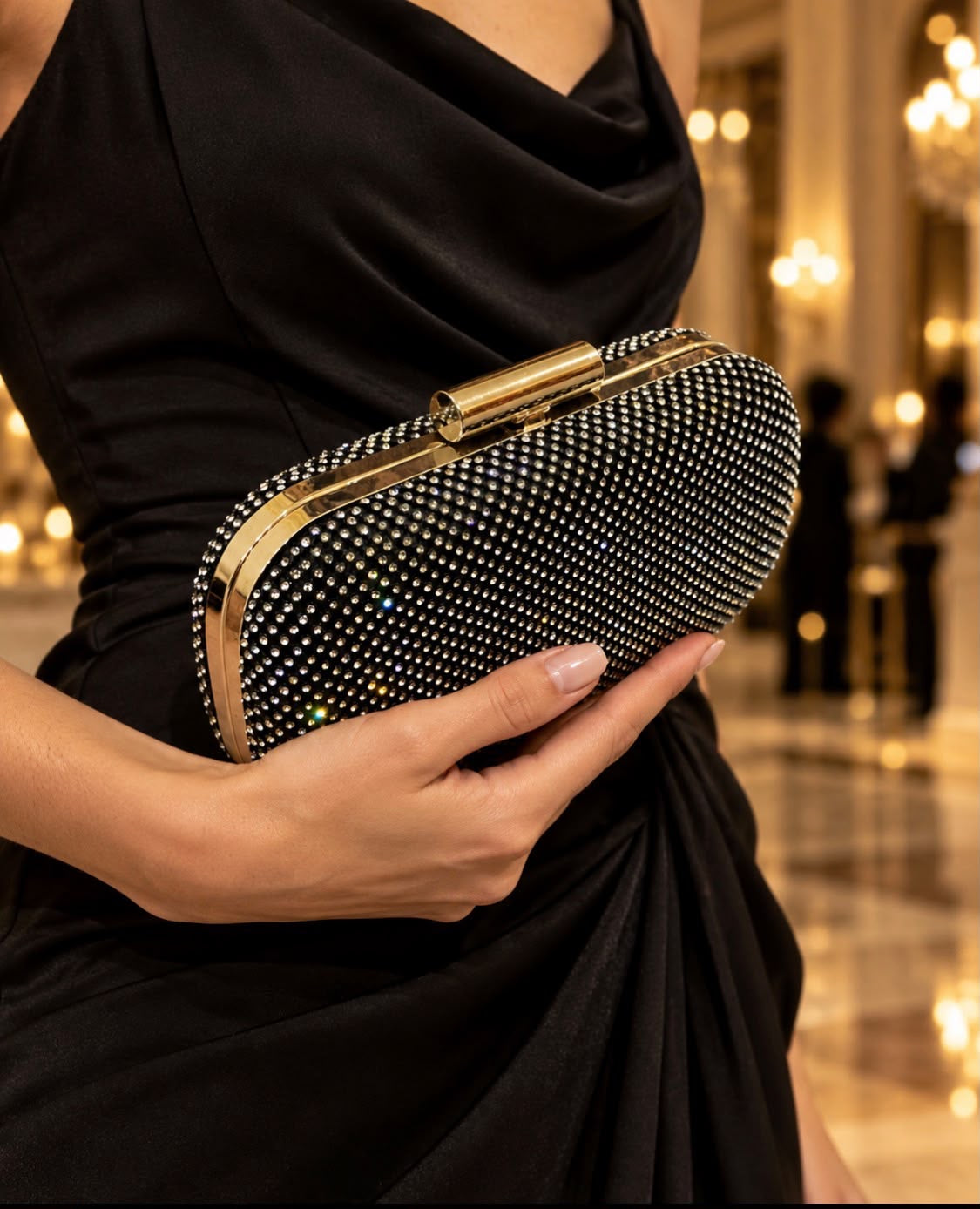 POCHETE PRETA COM CRISTAIS E FECHO DOURADO
