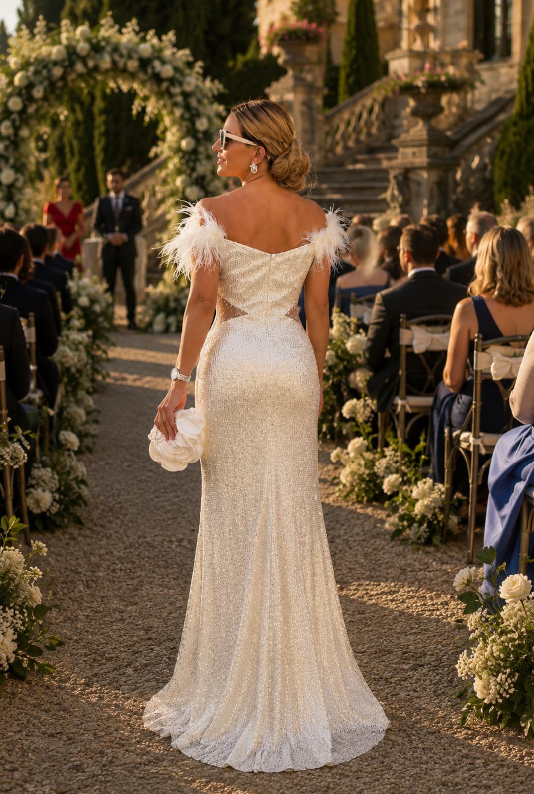 VESTIDO BRANCO COM PLUMAS
