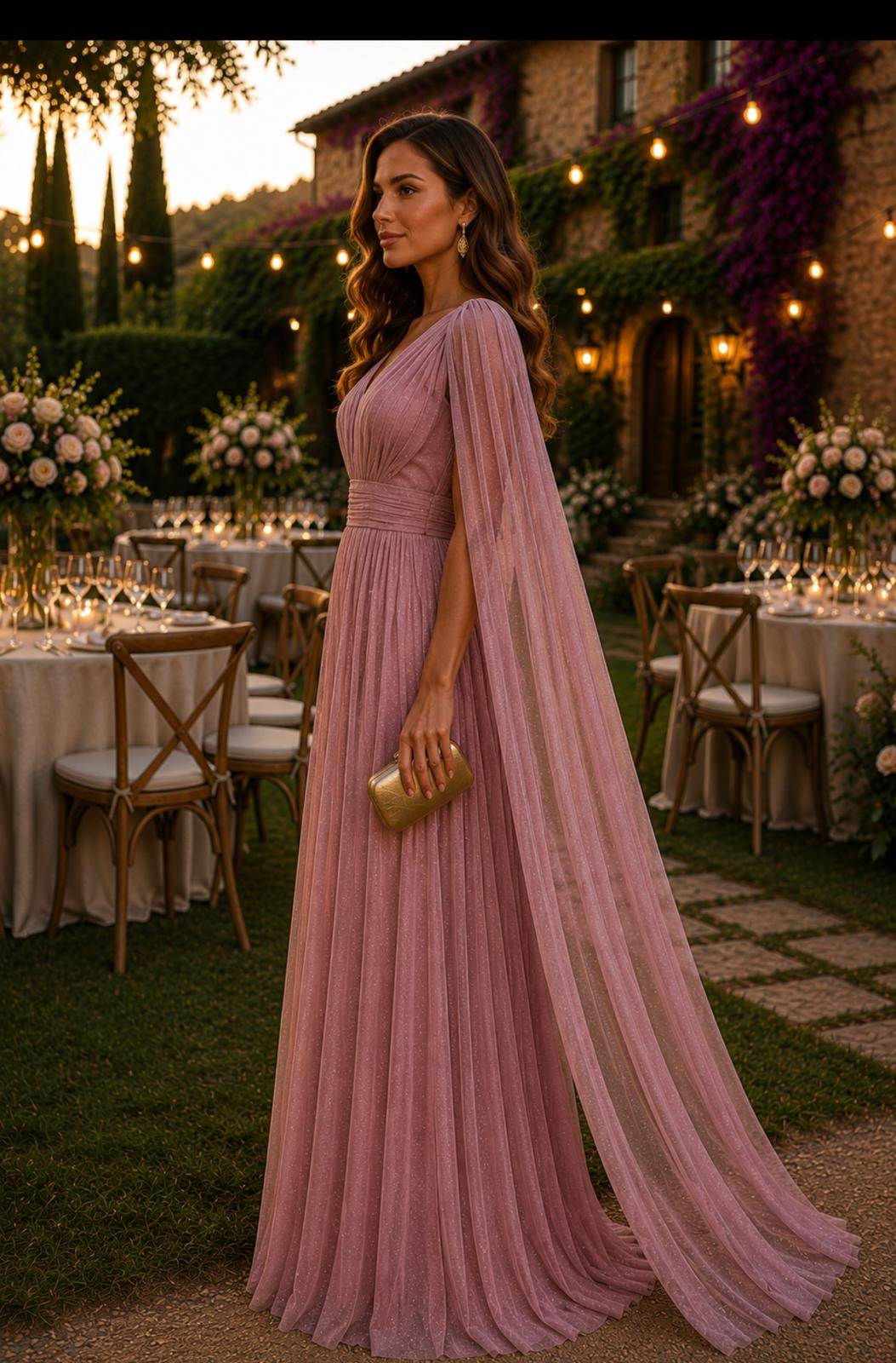 VESTIDO COMPRIDO COM MANGA CAPA