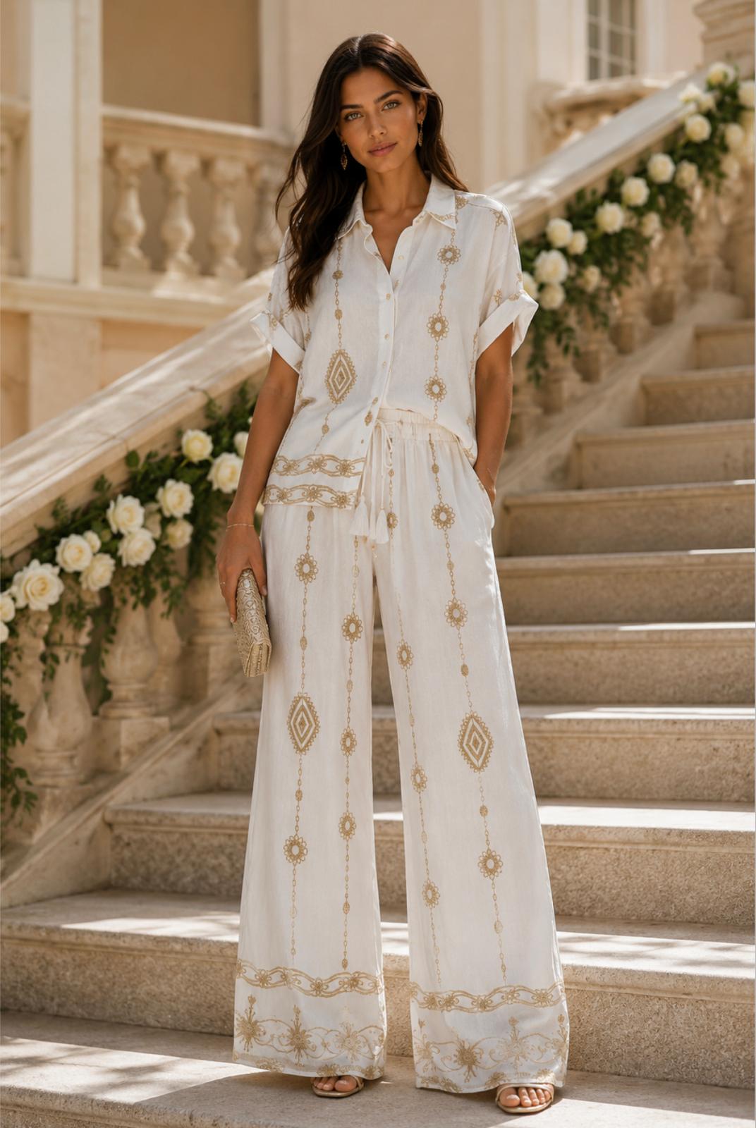 CONJUNTO LINHO COM BORDADO DOURADO ELEGANCE