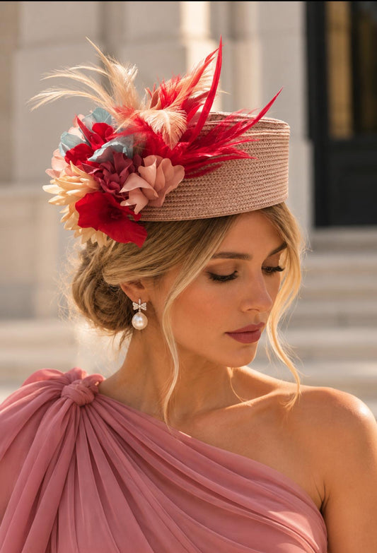 TOUCADO ROSA COM FLORES E PENAS VERMELHAS
