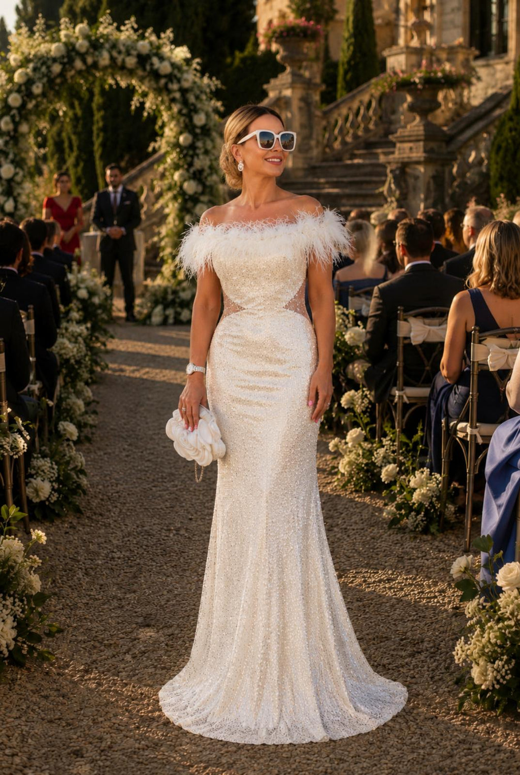 VESTIDO BRANCO COM PLUMAS