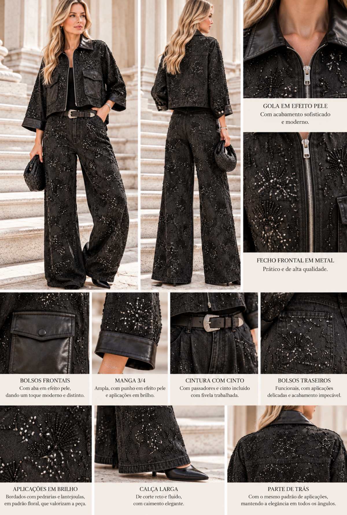 CONJUNTO PRETO COM APLICAÇÕES EM BRILHO