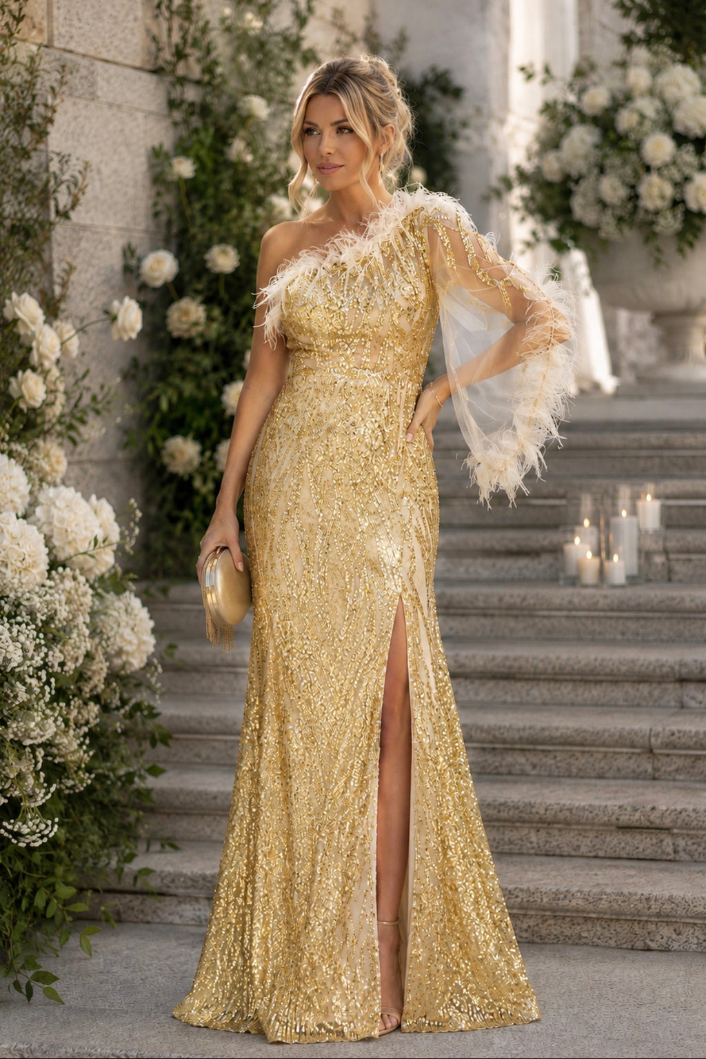 VESTIDO DOURADO COM PLUMAS