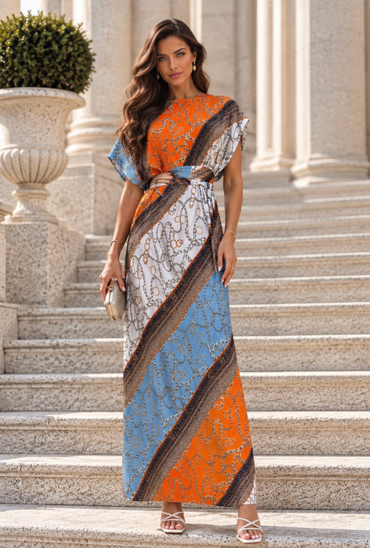 Vestido Longo Multicolor Drapeado