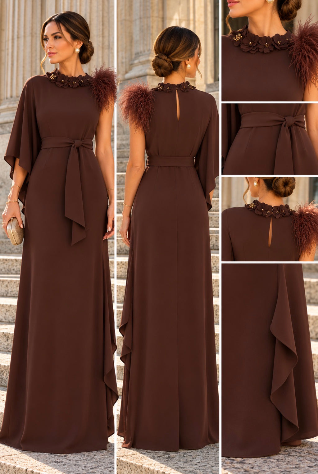 VESTIDO CASTANHO COM PLUMAS