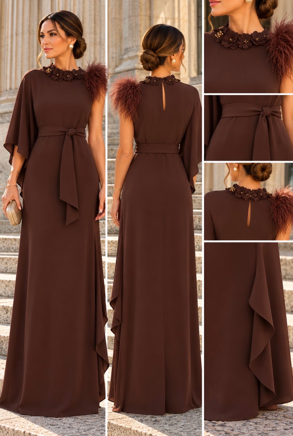 VESTIDO CASTANHO COM PLUMAS