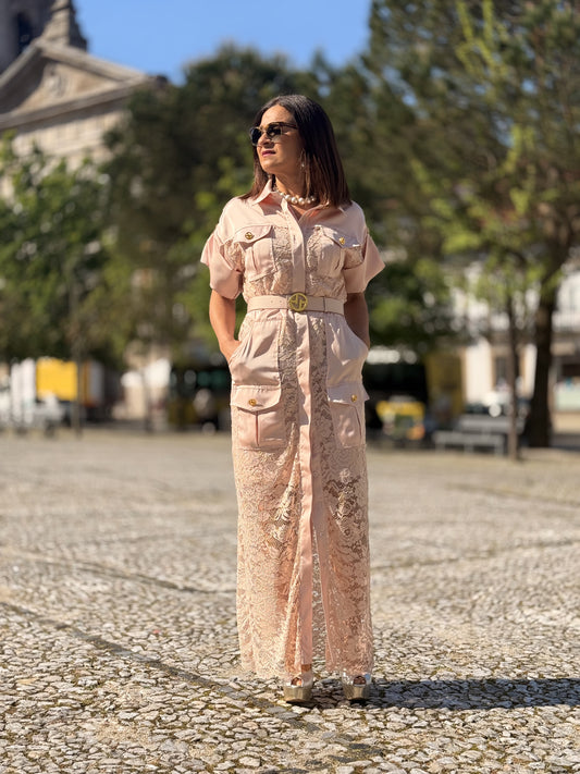 Camiseiro renda e cetim com cinto