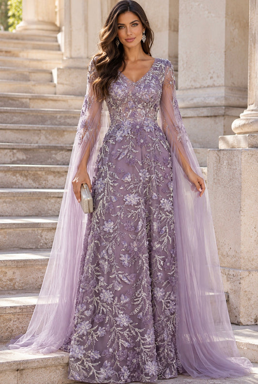 VESTIDO LAVANDA COM BORDADOS
