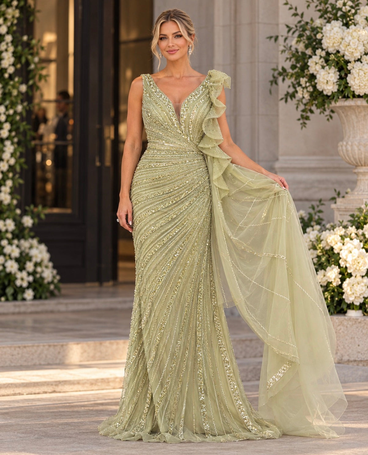 VESTIDO VERDE LANTEJOULAS COM CAUDA