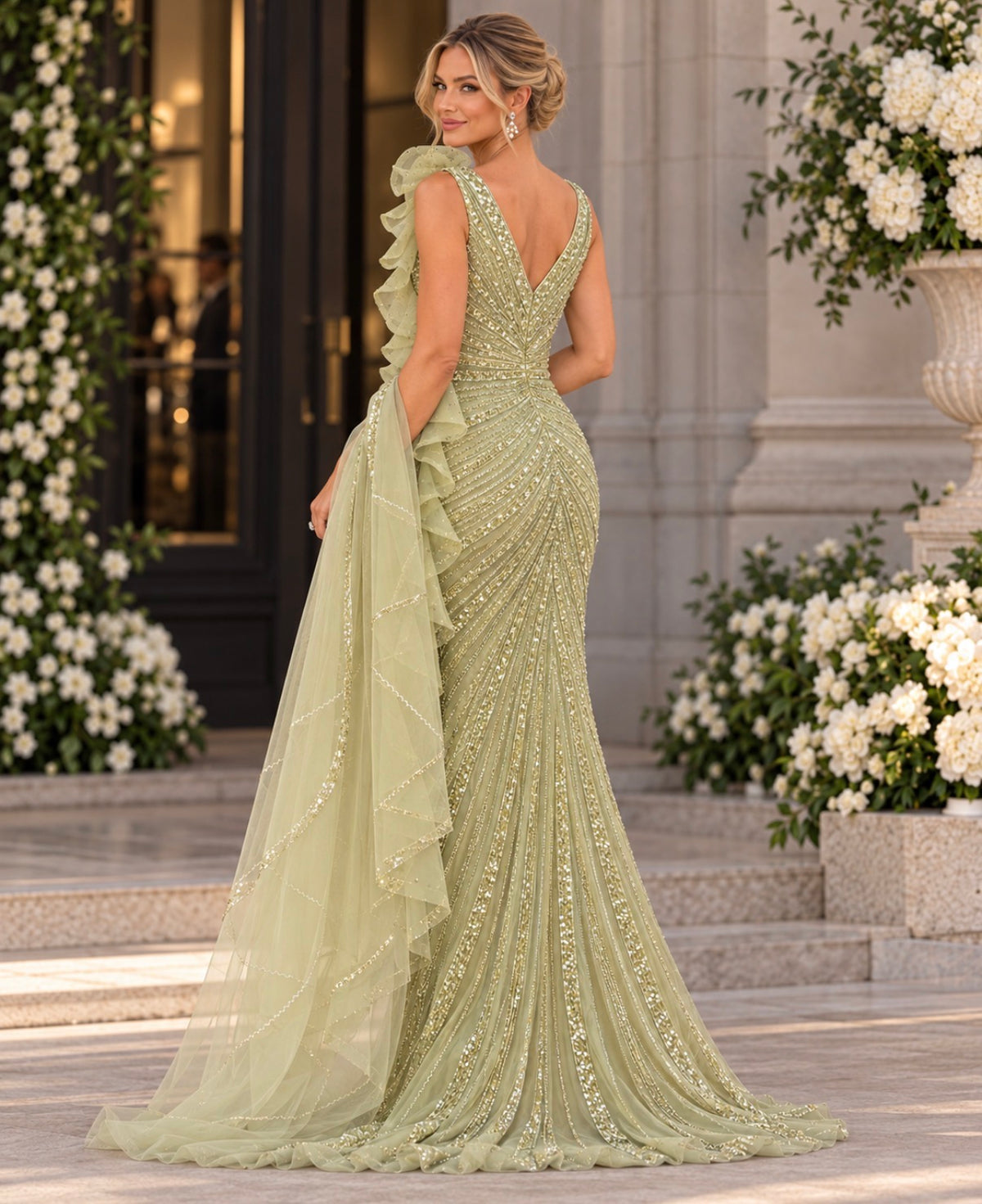 VESTIDO VERDE LANTEJOULAS COM CAUDA