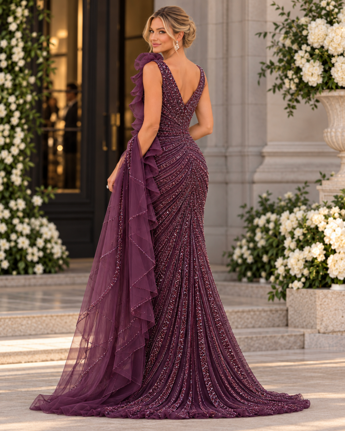 VESTIDO VINHO LANTEJOULAS COM CAUDA