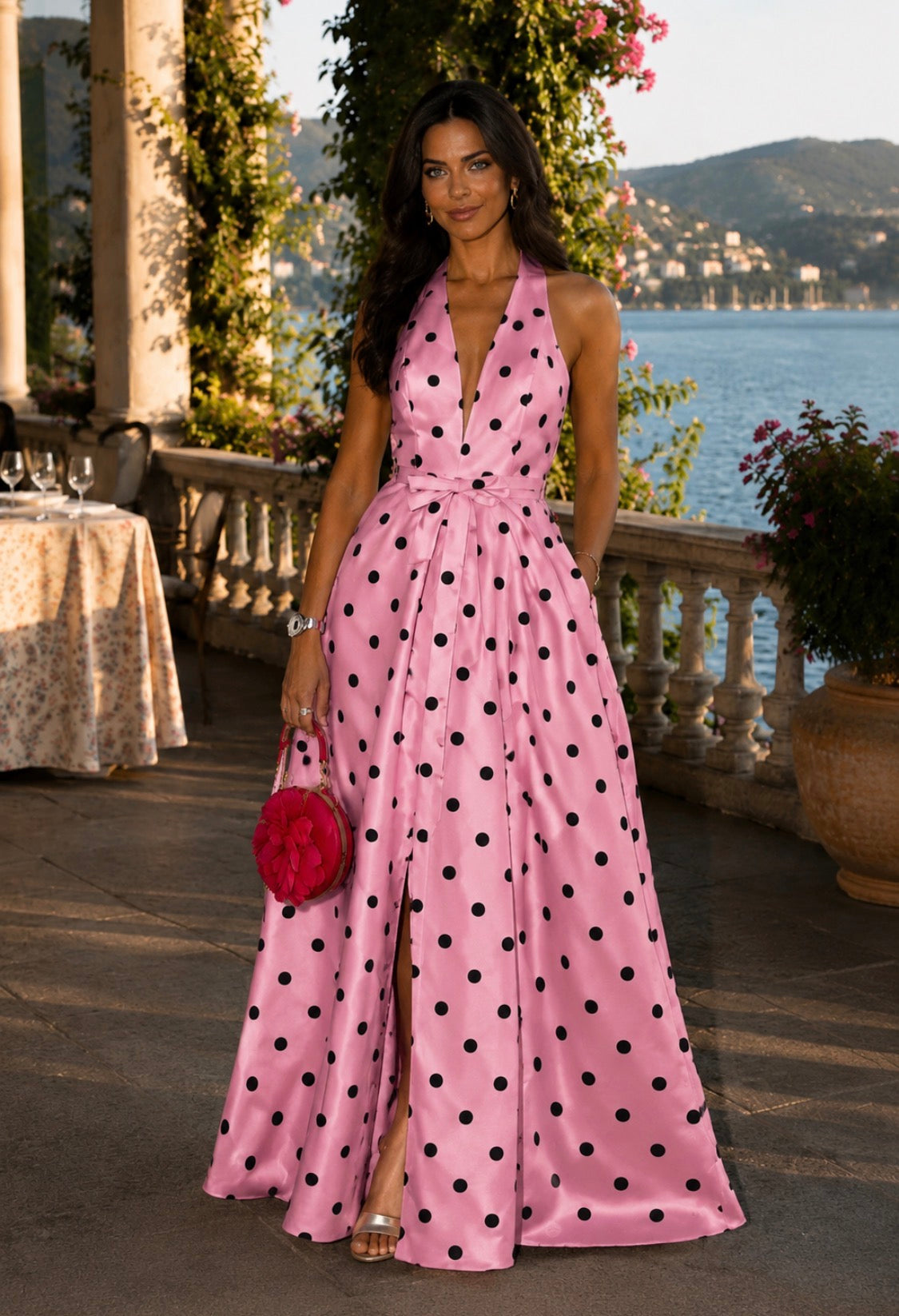 VESTIDO ROSA BOLAS PRETAS