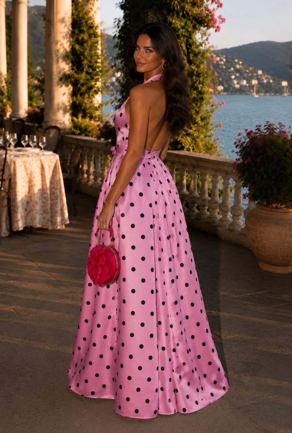 VESTIDO ROSA BOLAS PRETAS