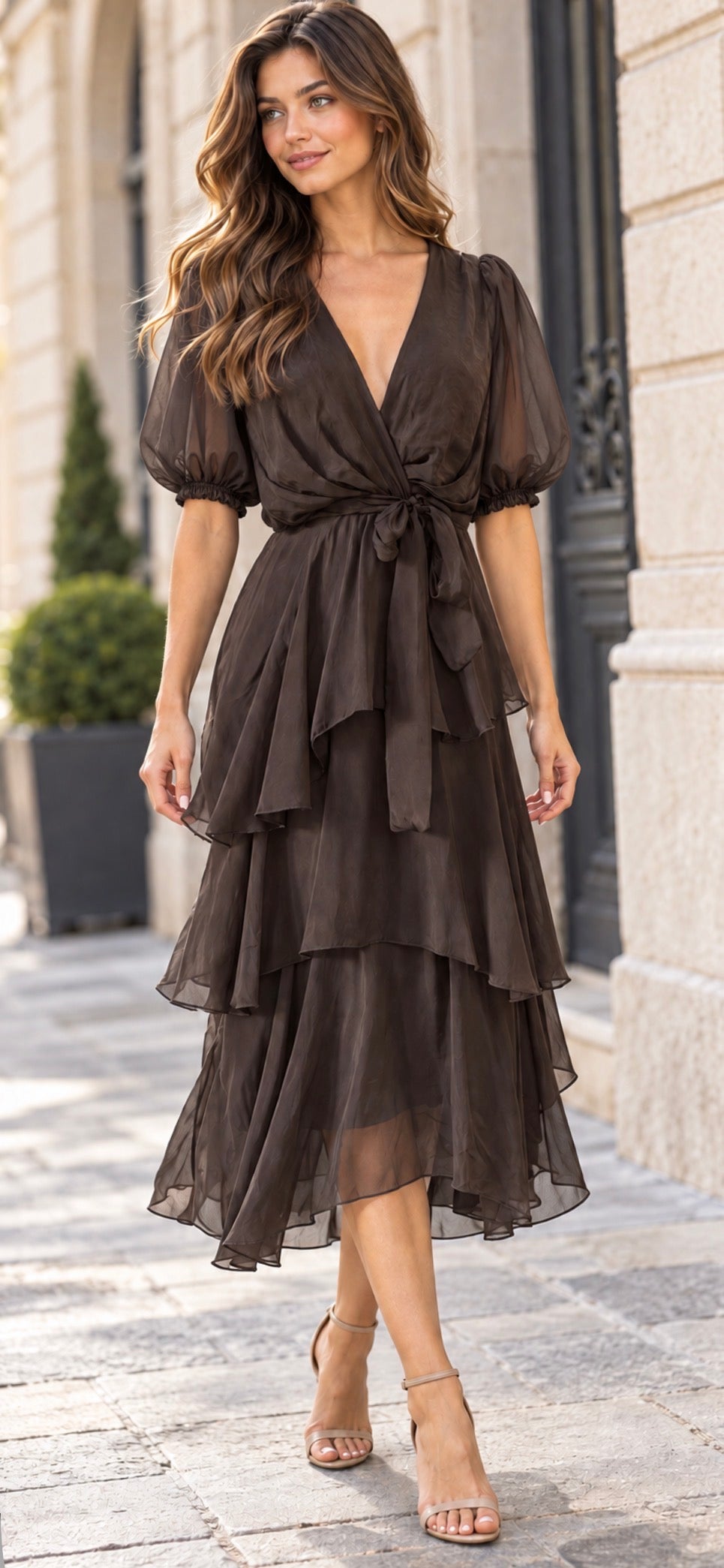 VESTIDO DE FOLHOS LISO | DECOTE EM V