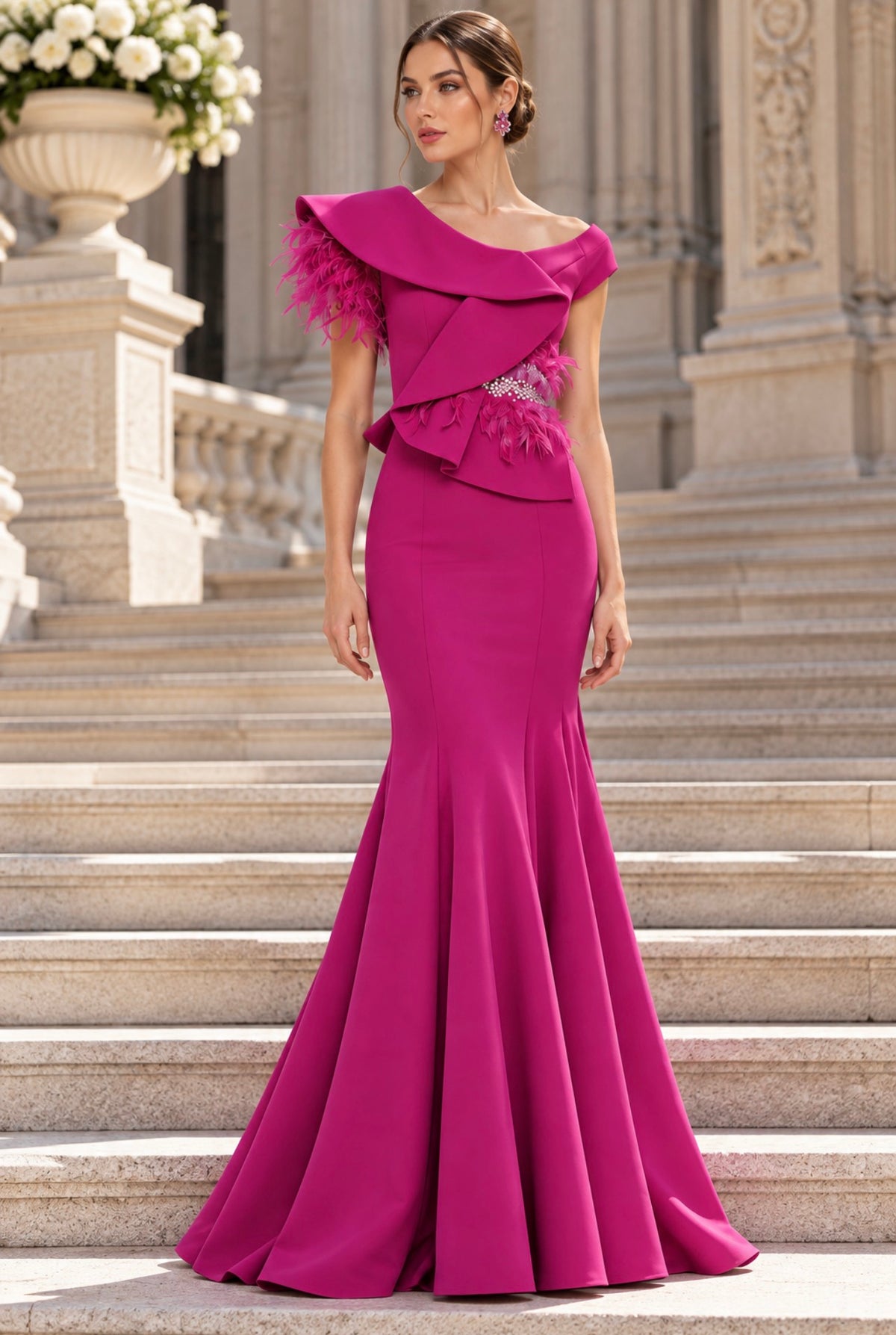 VESTIDO FÚCSIA COM PLUMAS