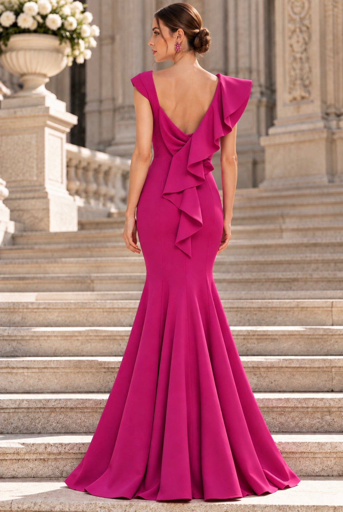 VESTIDO FÚCSIA COM PLUMAS