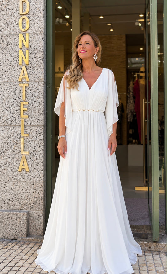 VESTIDO COMPRIDO BRANCO COM MANGAS CAPA