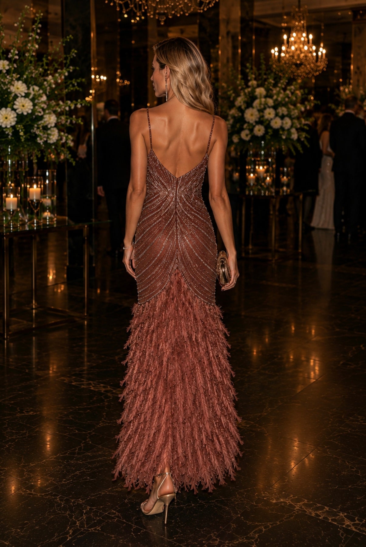 VESTIDO TERRACOTA PLUMAS