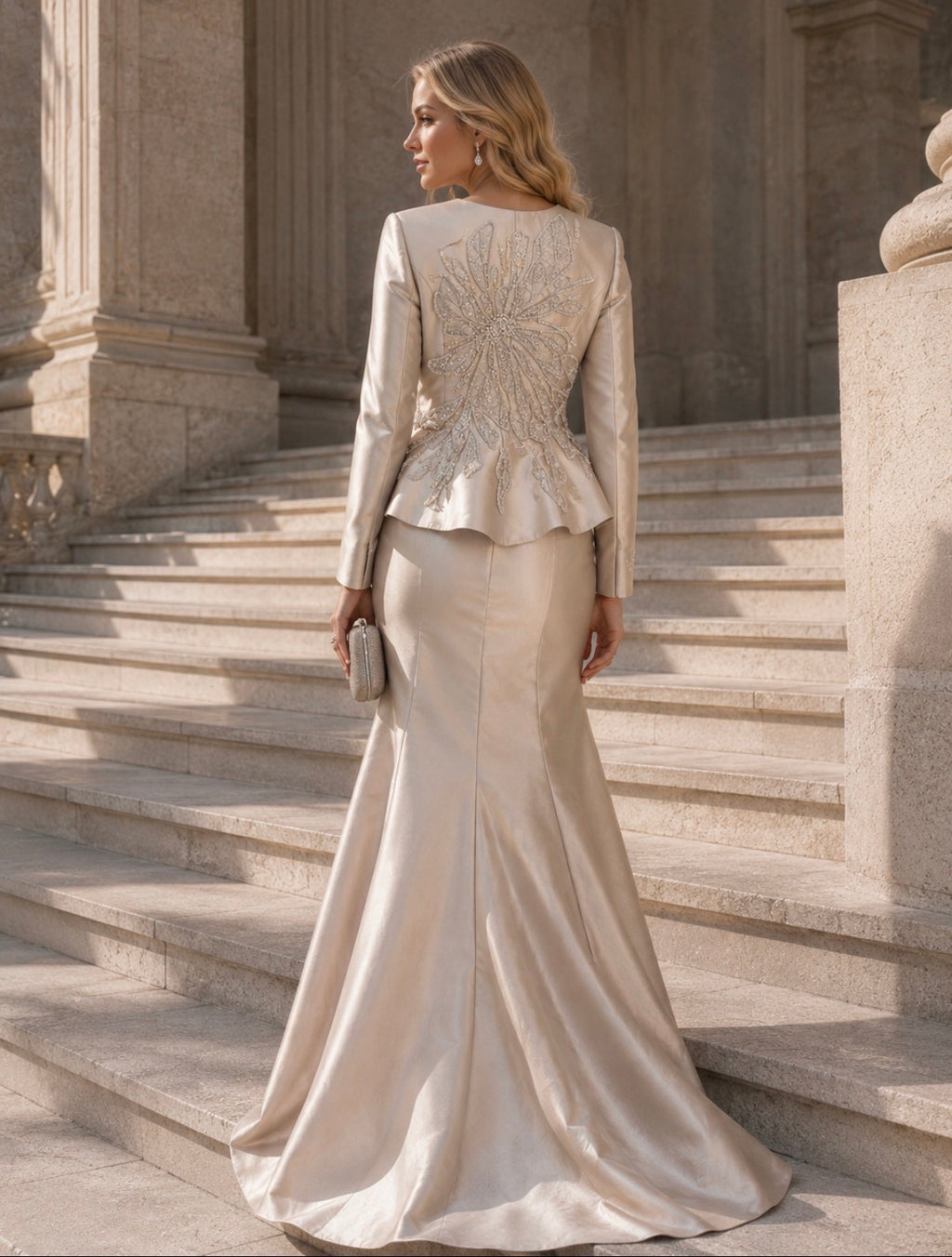 CONJUNTO CASACO E VESTIDO CHAMPAGNE