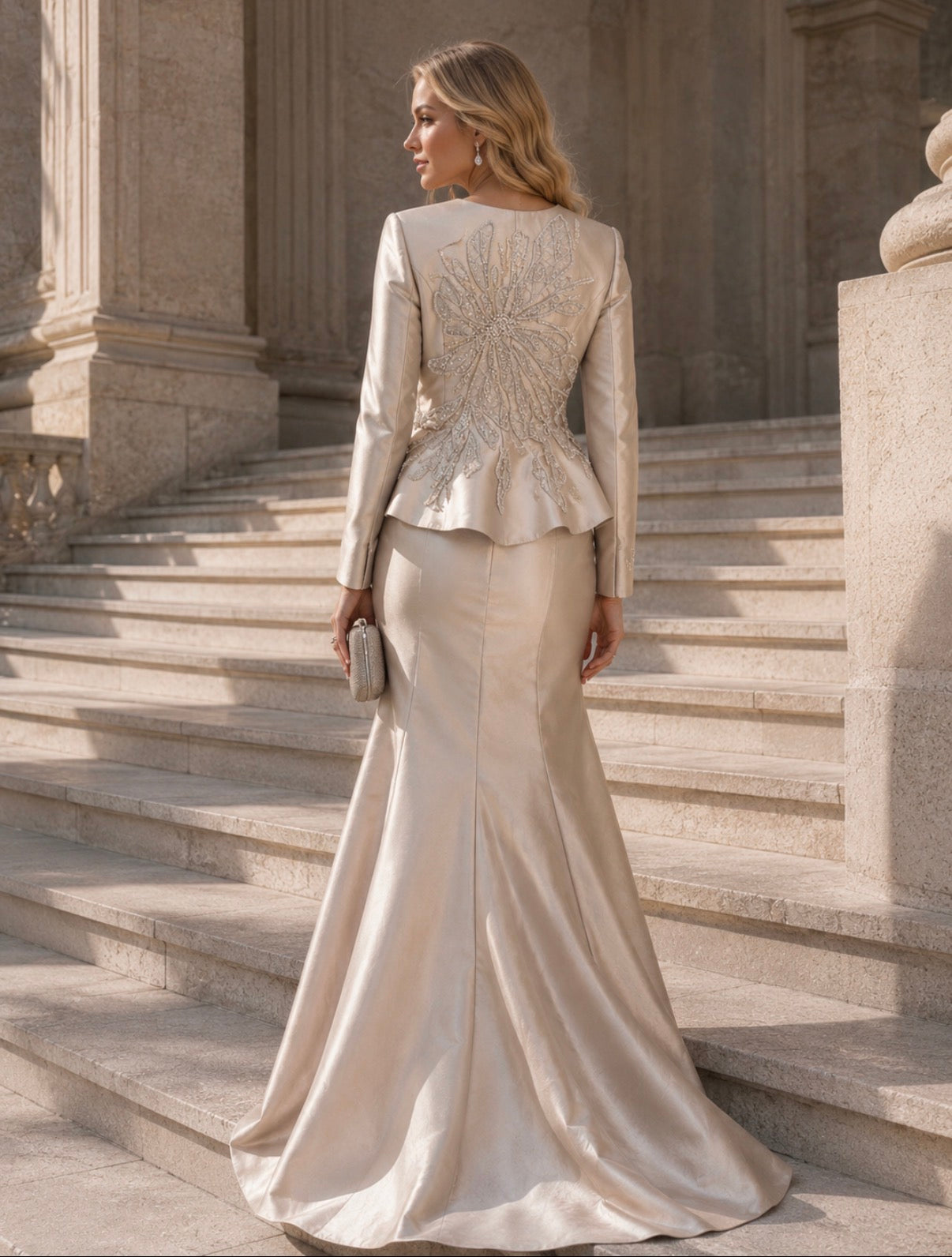 CONJUNTO CASACO E VESTIDO CHAMPAGNE