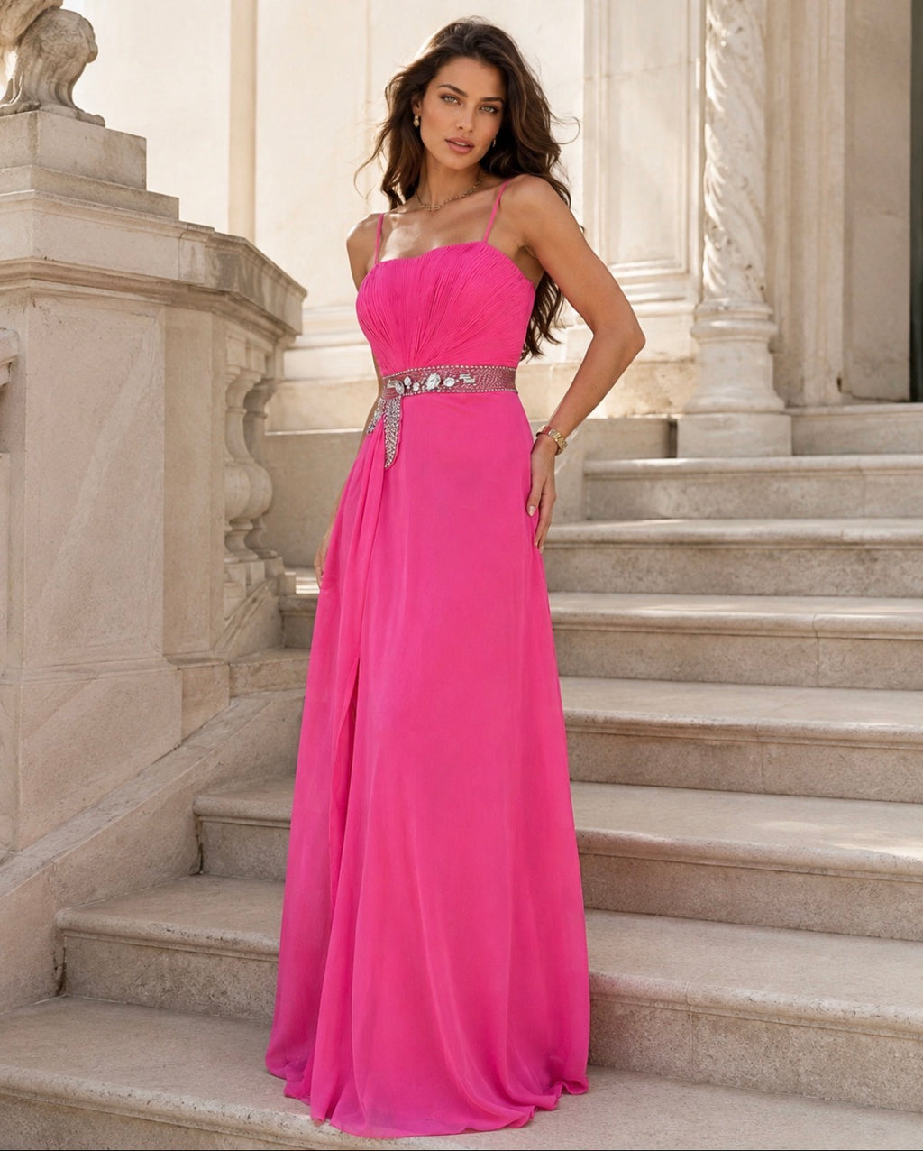 VESTIDO FUSCIA COM APLICAÇÃO