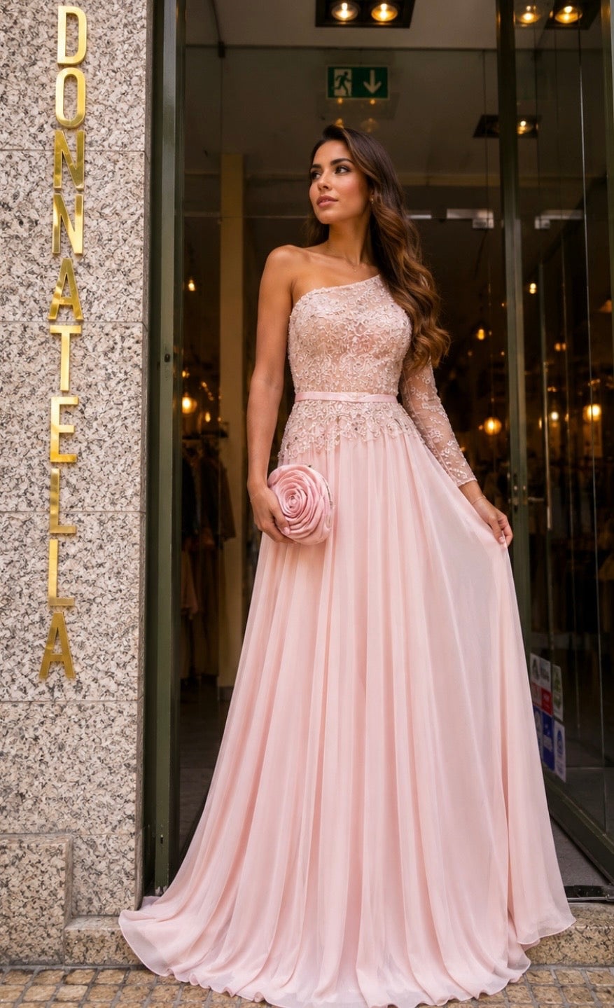 VESTIDO LONGO COM CORPETE BORDADO