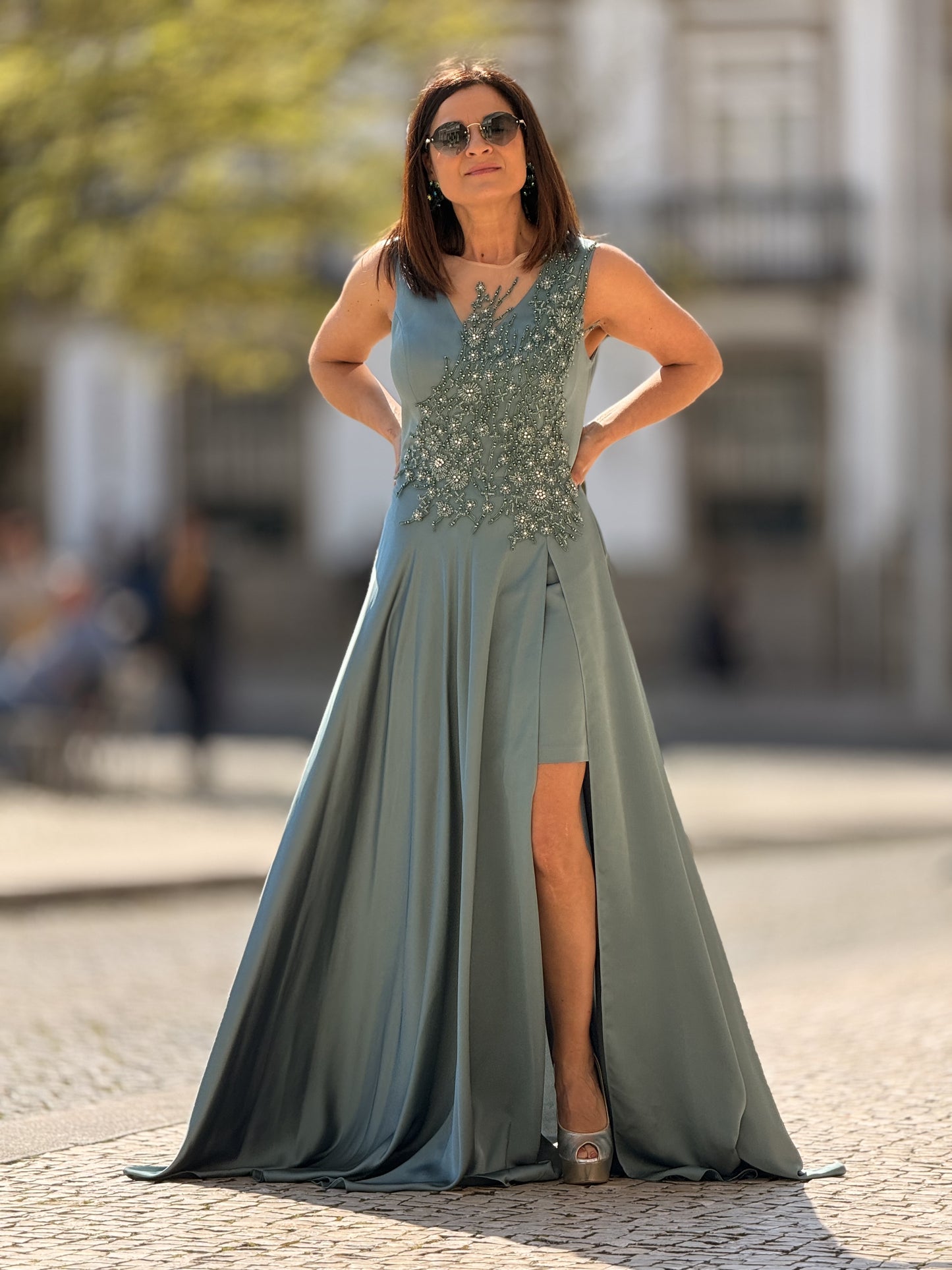 Vestido de chiffon com bordado