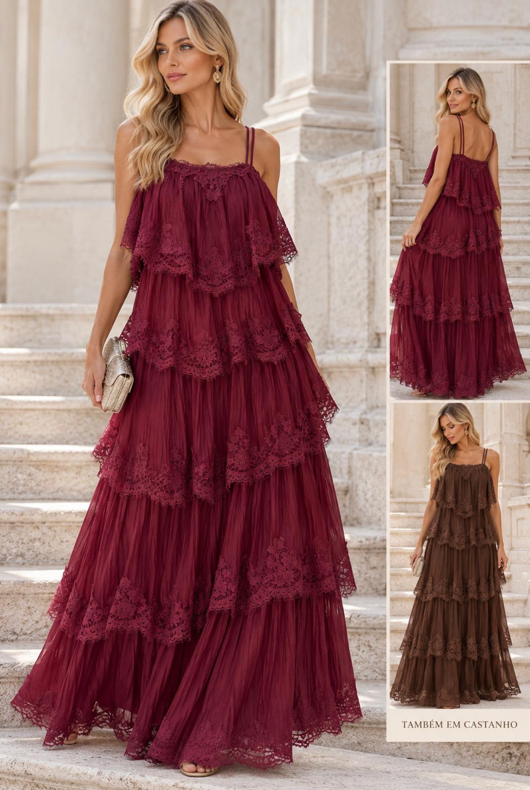 Vestido longo em tule e renda