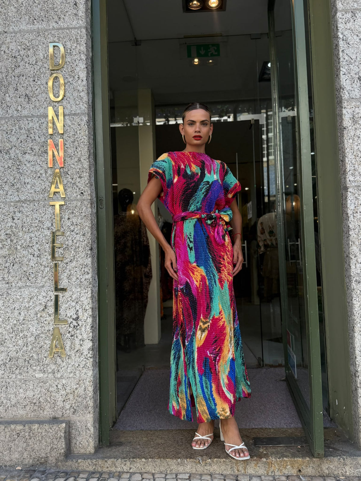 Vestido longo Multicolor com Cinto