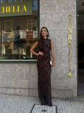 Vestido Longo Chocolate com Brilho Floral