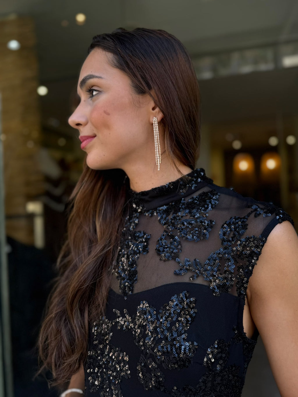 Vestido Longo Preto Bordado com Brilho