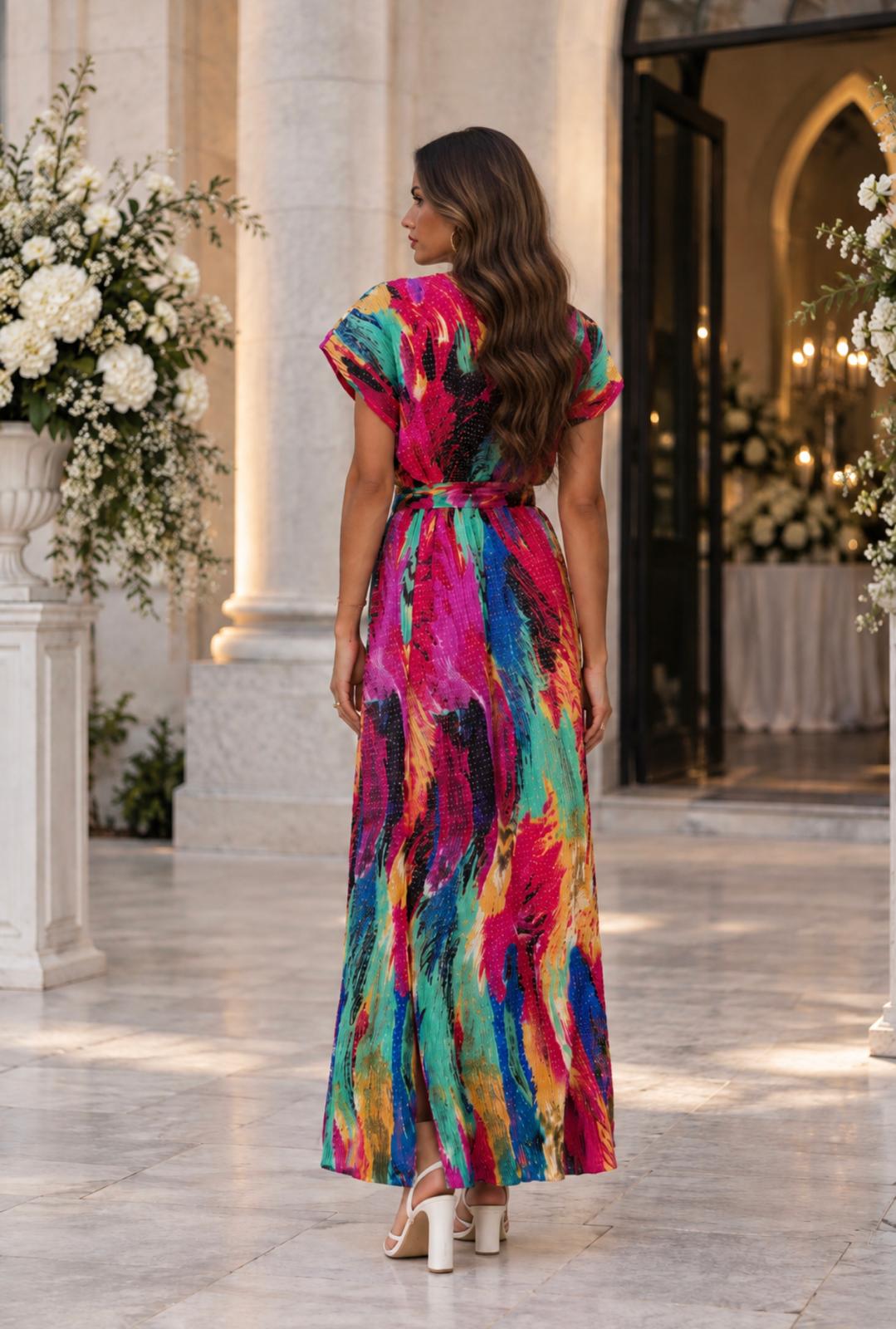 Vestido longo estampado multicolor com cinto