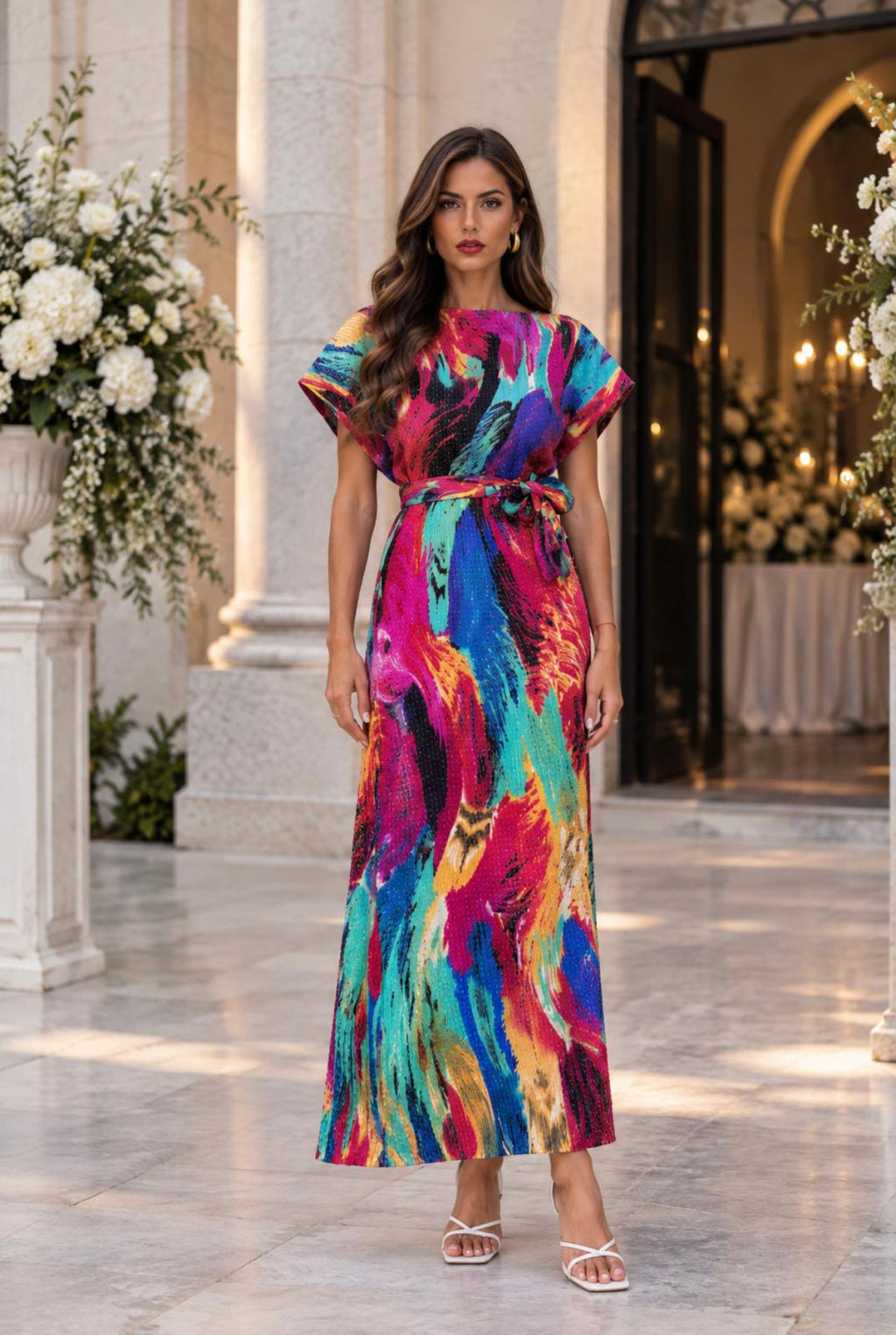 Vestido longo estampado multicolor com cinto