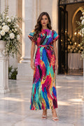 Vestido longo estampado multicolor com cinto