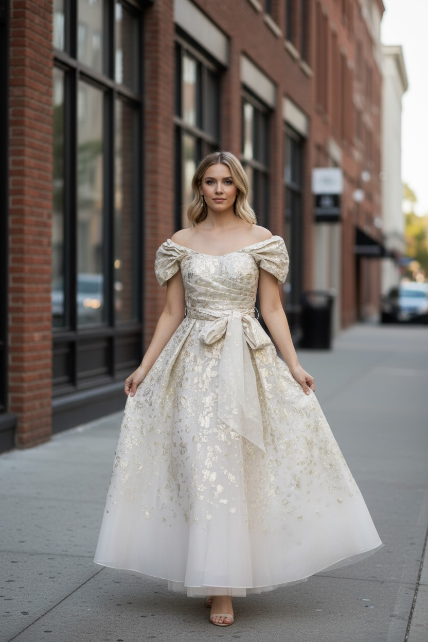 VESTIDO BROCADO EM BEGE E DOURADO
