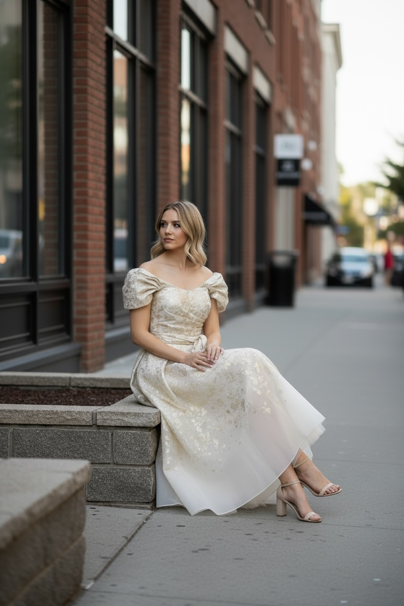 VESTIDO BROCADO EM BEGE E DOURADO