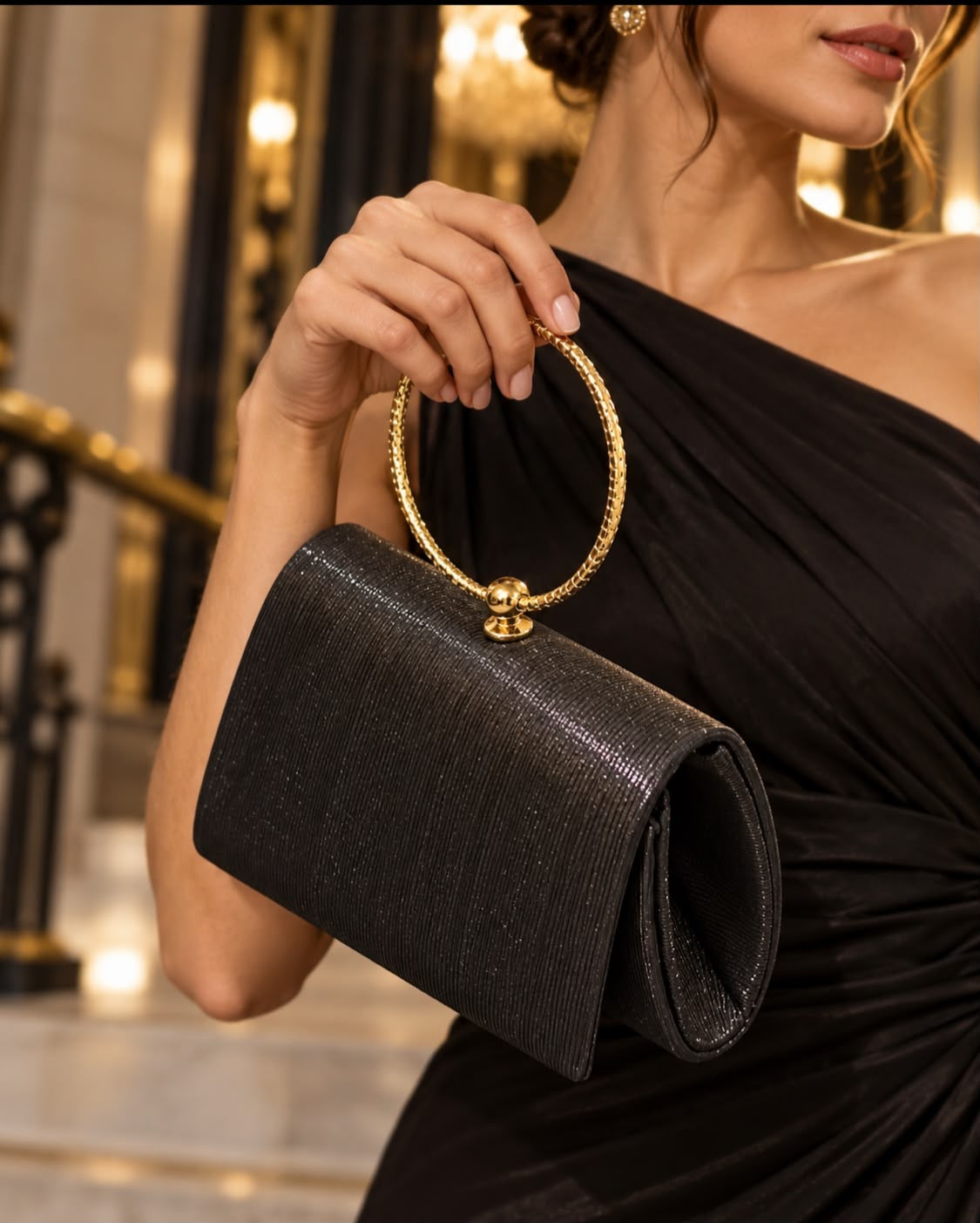 POCHETE PRETA COM ARGOLA DOURADA