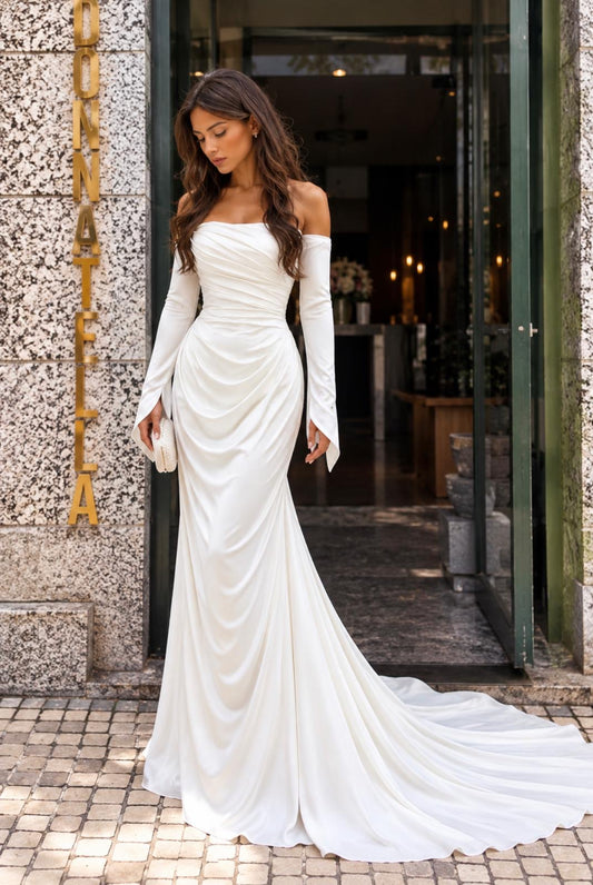 VESTIDO SEREIA DRAPEADO COM OMBROS ABERTOS