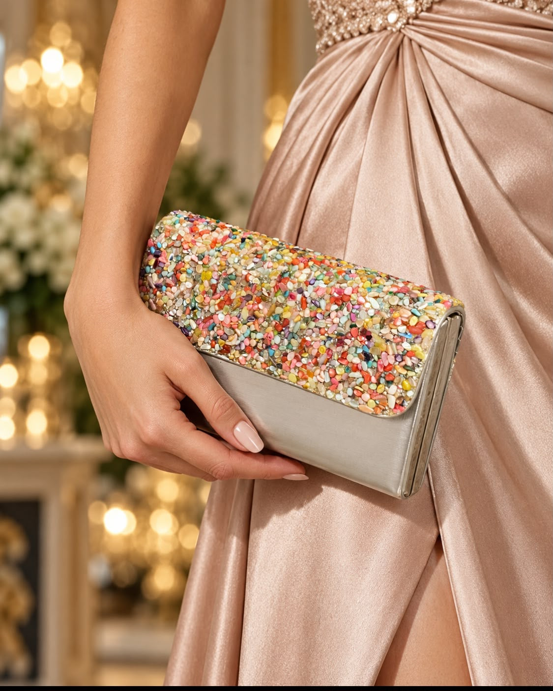 POCHETE PRATEADA COM PEDRARIA MULTICOLORIDA