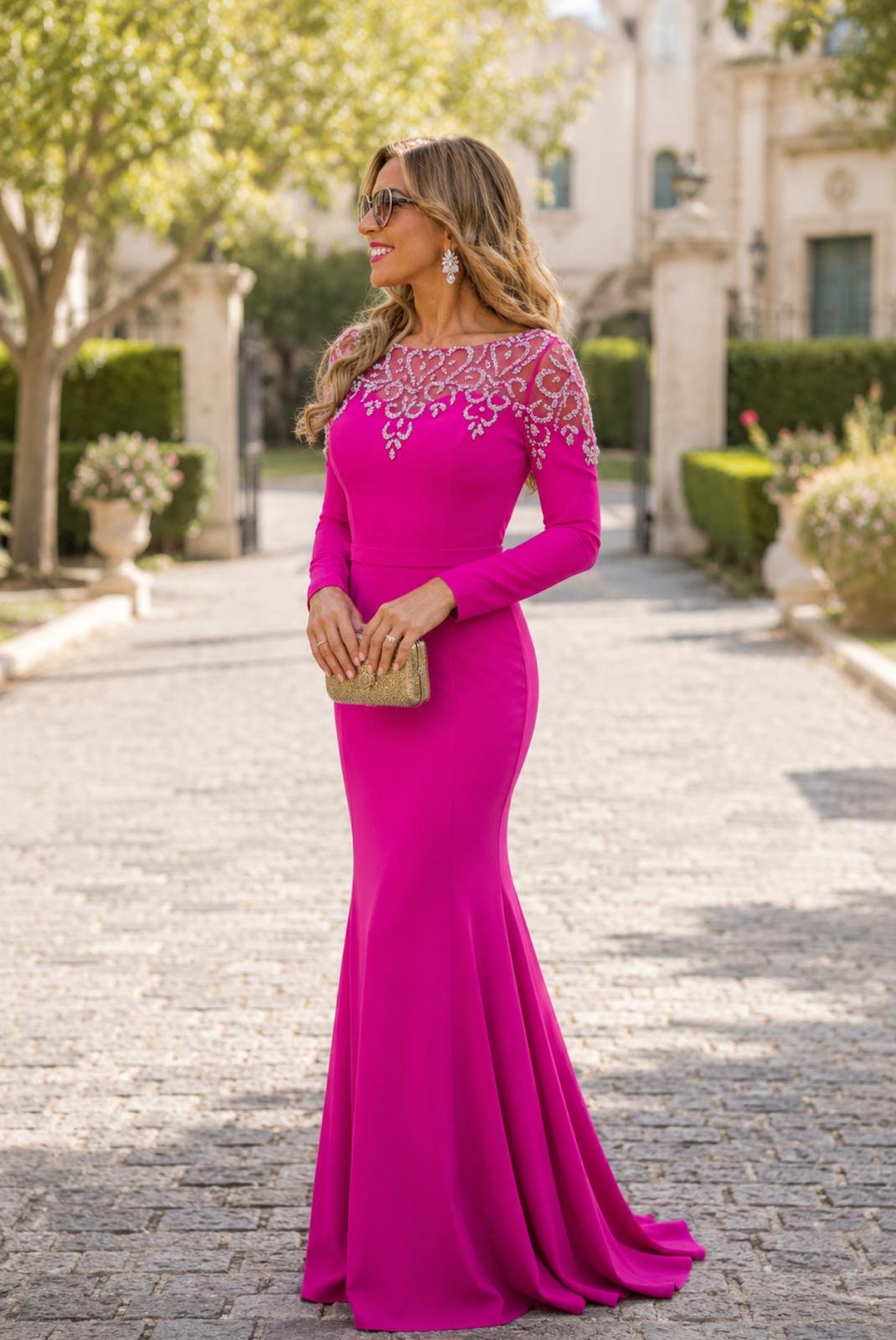 VESTIDO ROSA DE MANGA COMPRIDA