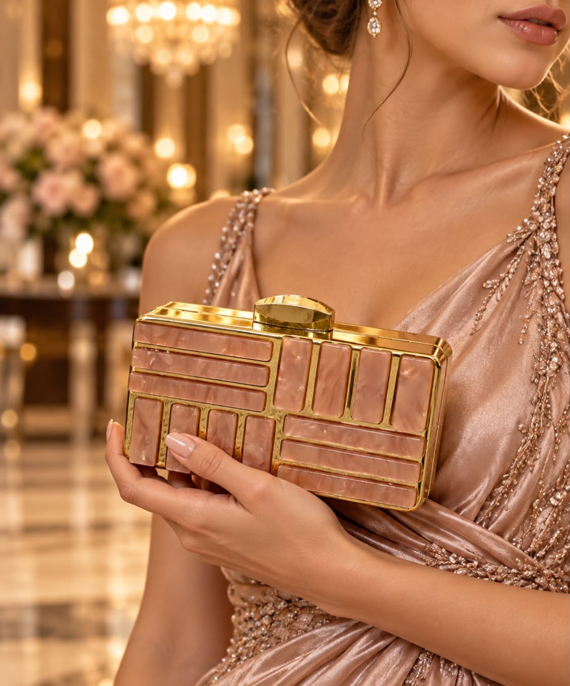 POCHETE ROSA COM DETALHES DOURADOS