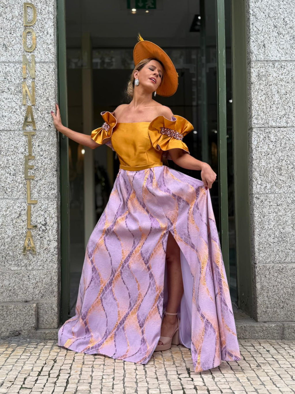 VESTIDO BICOLOR DOURADO E LILÁS